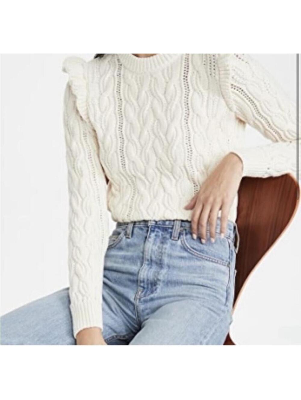 NWOT Frame Sofia Ruffle Sleeve Cable Knit Cotton Sweater Cream ivory L